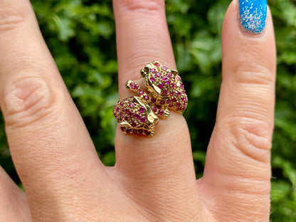 9ct Gold Ruby & Emerald Double Panther Ring