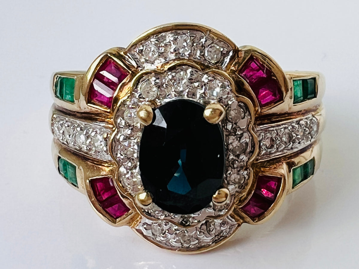 9ct Gold Sapphire, Ruby, Emerald & Diamond Ring