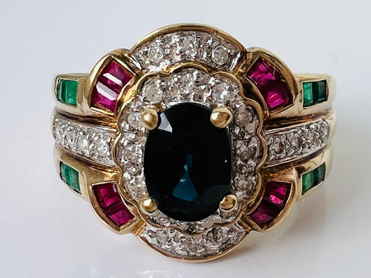 9ct Gold Sapphire, Ruby, Emerald & Diamond Ring