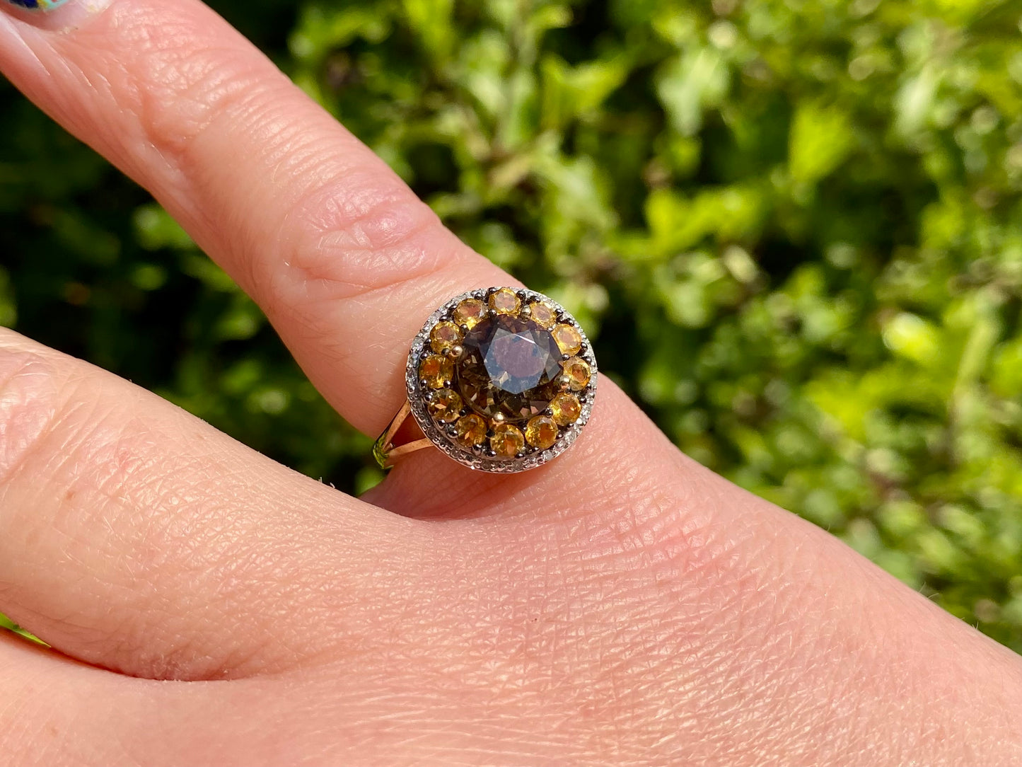 9ct Gold Smoky Quartz, Citrine & Diamond Ring