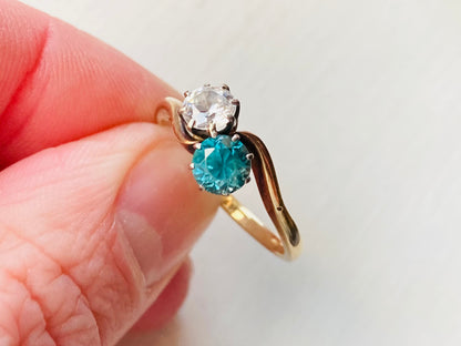 Vintage 9ct Gold Blue Zircon & Paste Toi Et Moi Ring