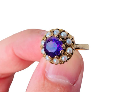 Vintage 9ct Gold Amethyst & Pearl Ring
