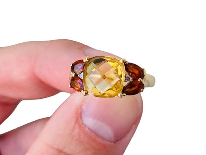 9ct Gold Citrine, Garnet & Diamond Ring