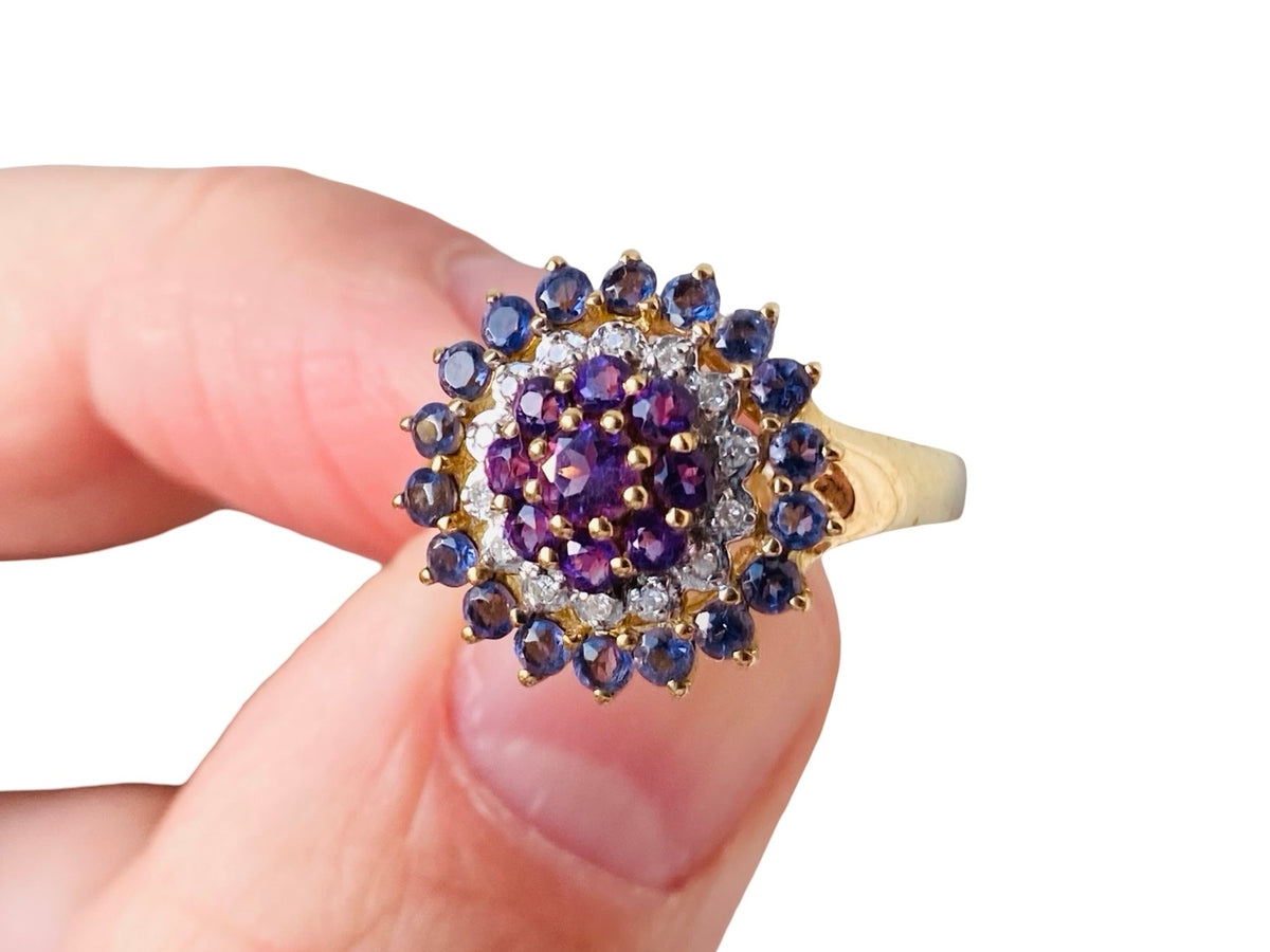 9ct Gold Amethyst, Tanzanite & Diamond Ring