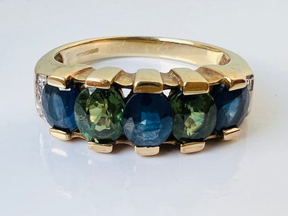 9ct Gold Green & Blue Sapphire & Diamond Ring