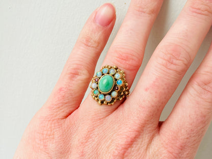 Vintage 9ct Gold Turquoise, Opal & Garnet Ring