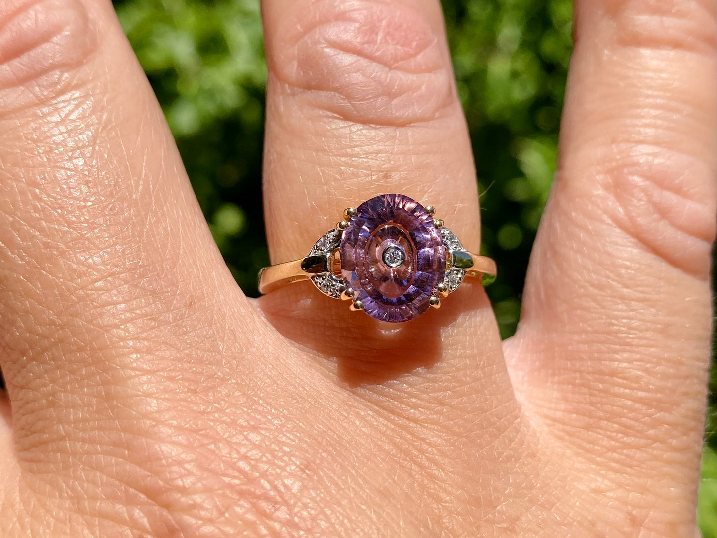 9ct Gold Lehrer Amethyst & Diamond Ring