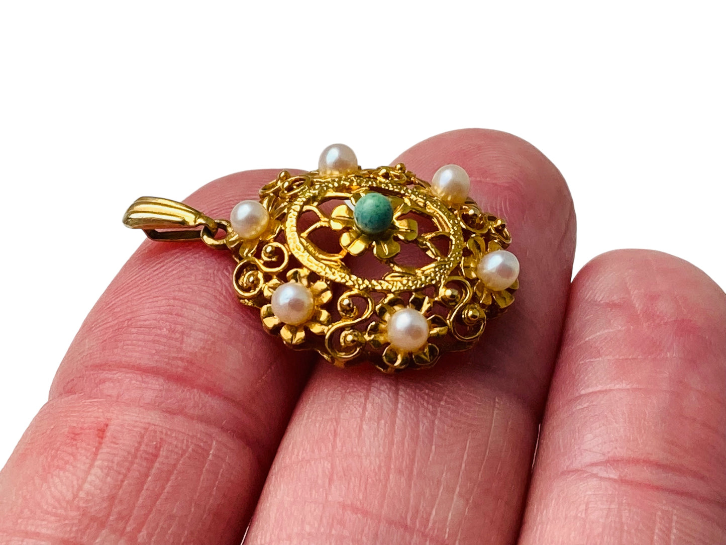 Vintage 9ct Gold Turquoise & Pearl Pendant