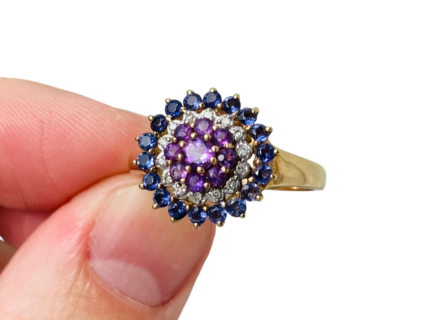 9ct Gold Tanzanite, Amethyst & Diamond Ring