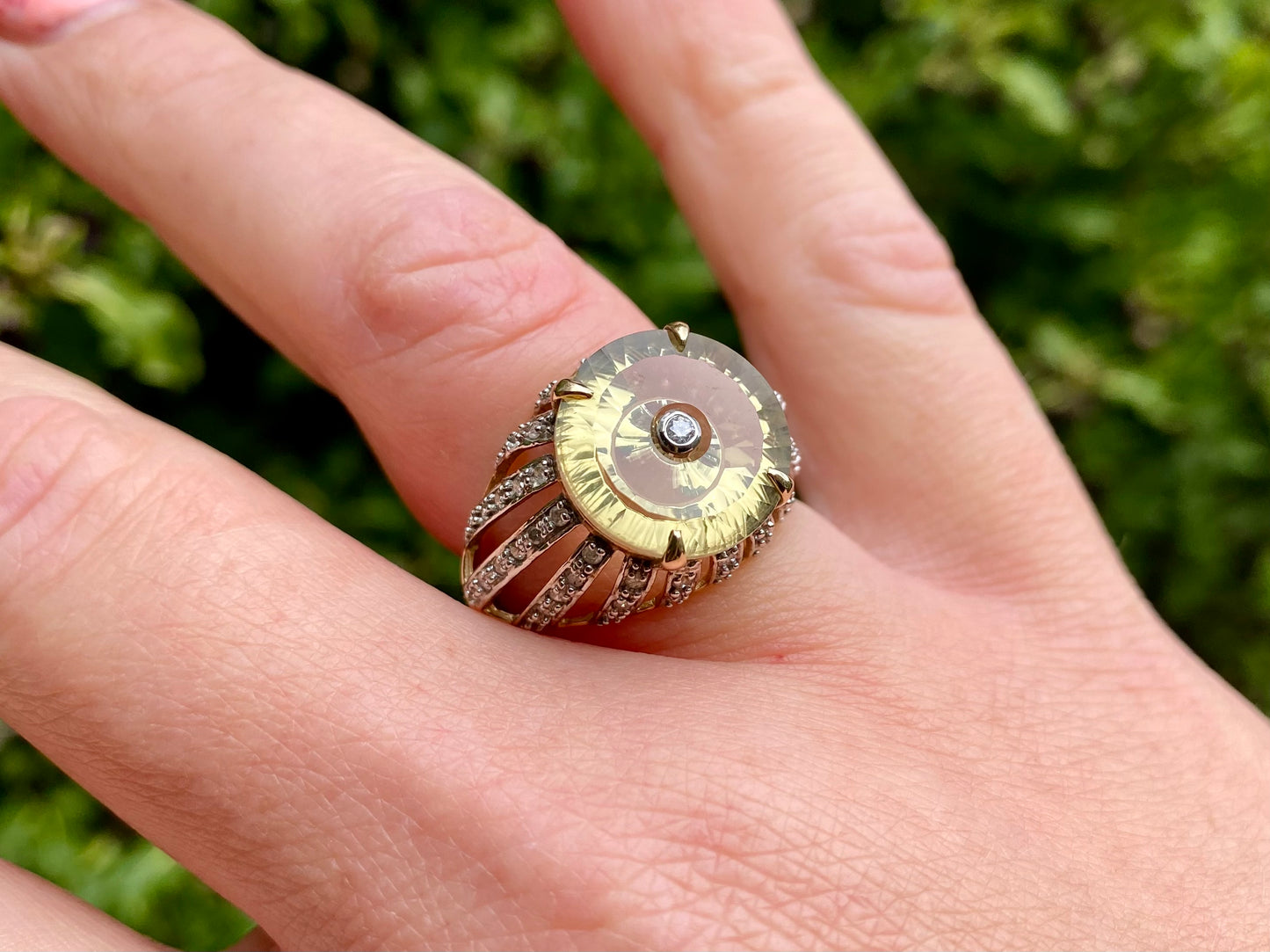 9ct Gold Lemon Quartz & Diamond Lehrer Ring