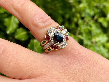 9ct Gold Sapphire, Ruby, Emerald & Diamond Ring