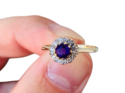 Vintage 9ct Gold Amethyst & Diamond Ring