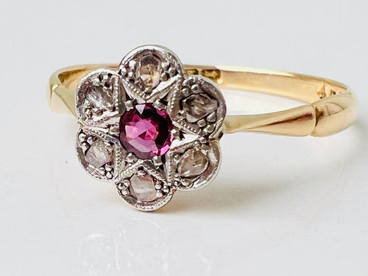 Antique 18ct Gold Ruby & Diamond Daisy Ring