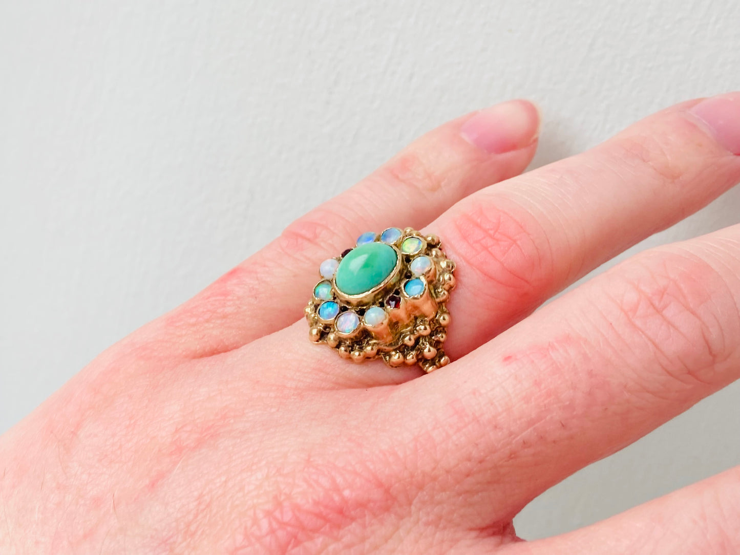 Vintage 9ct Gold Turquoise, Opal & Garnet Ring