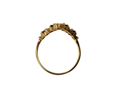 Vintage 9ct Gold Sapphire & Diamond Wishbone / Chevron Ring
