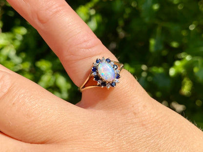 Vintage 9ct Gold Opal, Sapphire & Diamond Ring