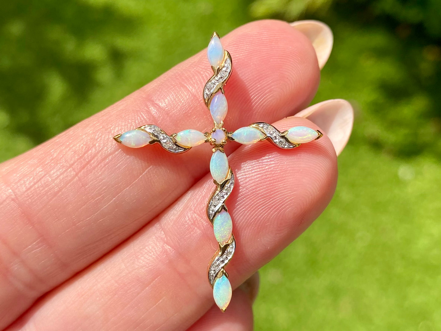 9ct Gold Opal & Diamond Cross Pendant