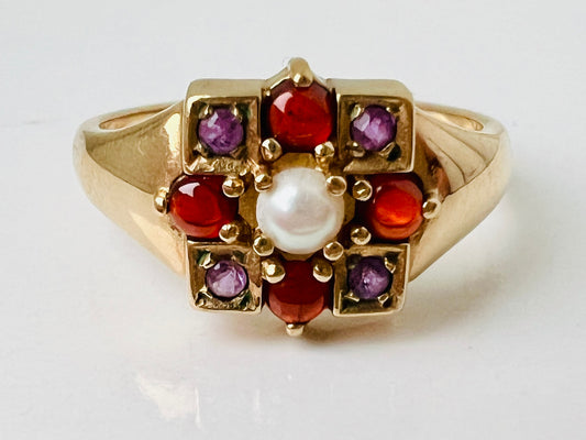 9ct Gold Garnet, Pearl & Amethyst Ring
