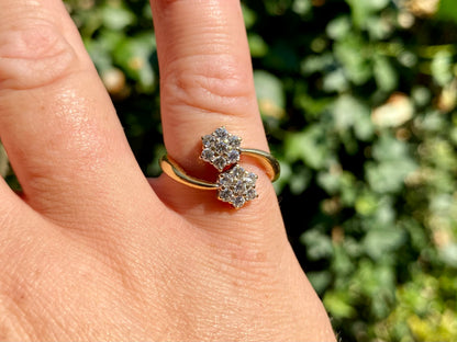 18ct Gold 0.65ct Diamond Double Daisy Bypass Ring