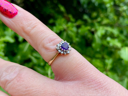 Vintage 9ct Gold Amethyst & Diamond Ring