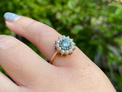 Vintage 9ct Gold Blue Zircon & Pearl Ring