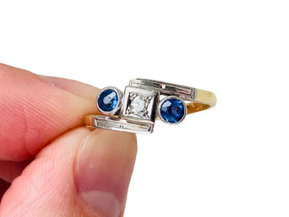 Antique Art Deco 18ct Gold & Platinum, Sapphire & Diamond Ring