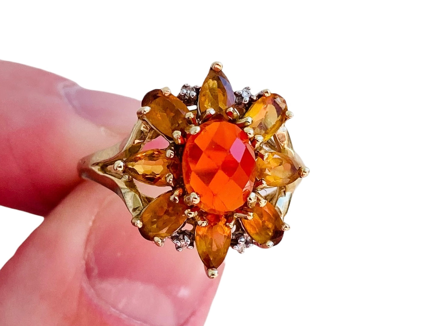 9ct Gold Fire Opal, Citrine & Diamond Ring