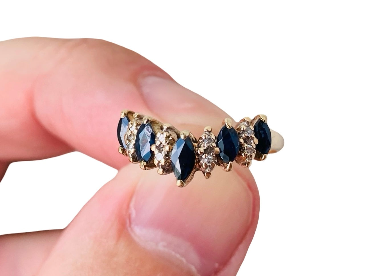 Vintage 9ct Gold Sapphire & Diamond Wishbone / Chevron Ring