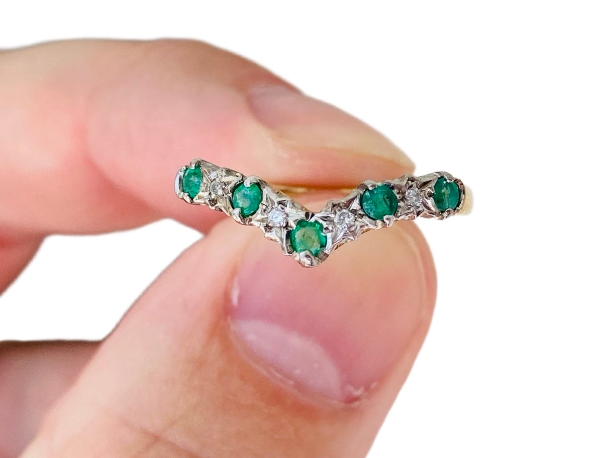 9ct Gold Emerald & Diamond Wishbone Ring