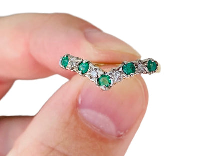 9ct Gold Emerald & Diamond Wishbone Ring