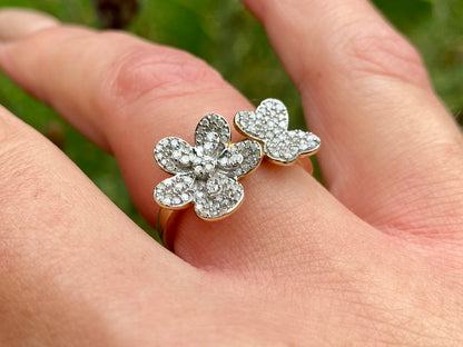 9ct Gold Diamond Flower & Butterfly Ring