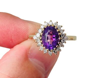 Vintage 9ct Gold Amethyst & Diamond Ring