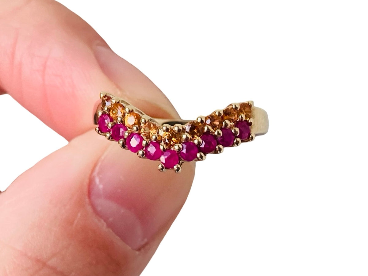 9ct Gold Ruby & Citrine Wishbone/Chevron Ring