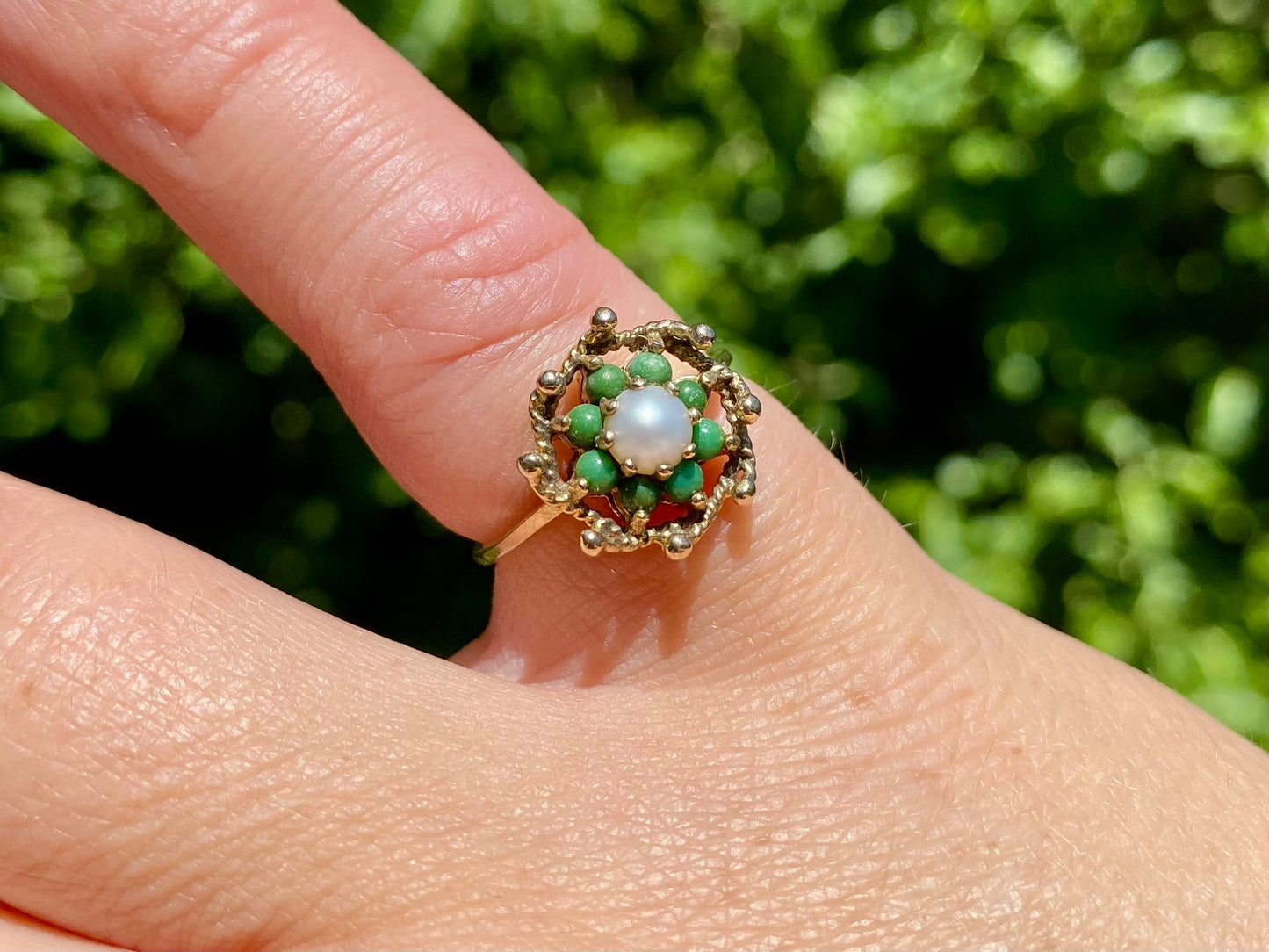 Vintage 9ct Gold Turquoise & Pearl Ring