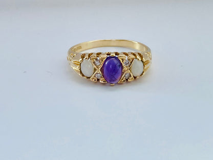 Vintage 9ct Gold Amethyst, Opal & Diamond Ring