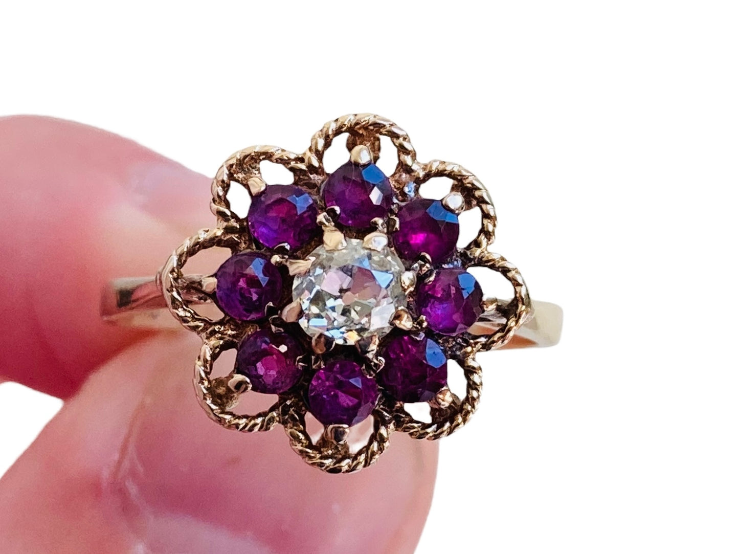 Vintage 9ct Gold Ruby & Old Cut Diamond Ring