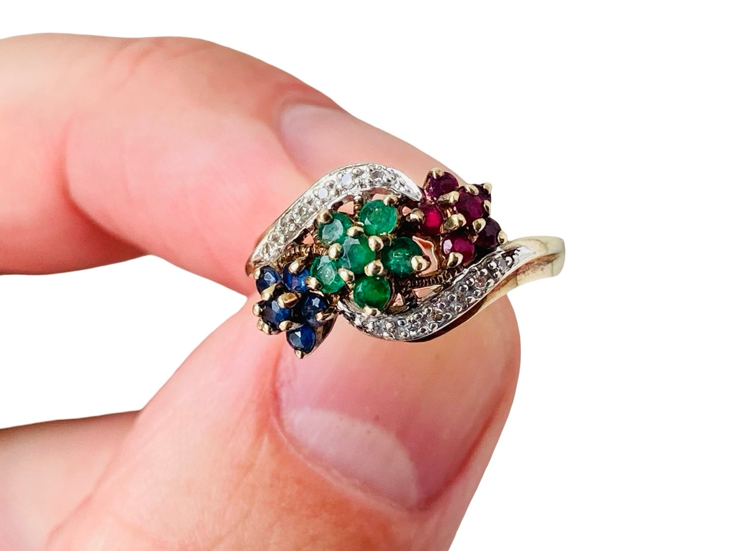 9ct Gold Sapphire, Ruby, Emerald & Diamond Ring