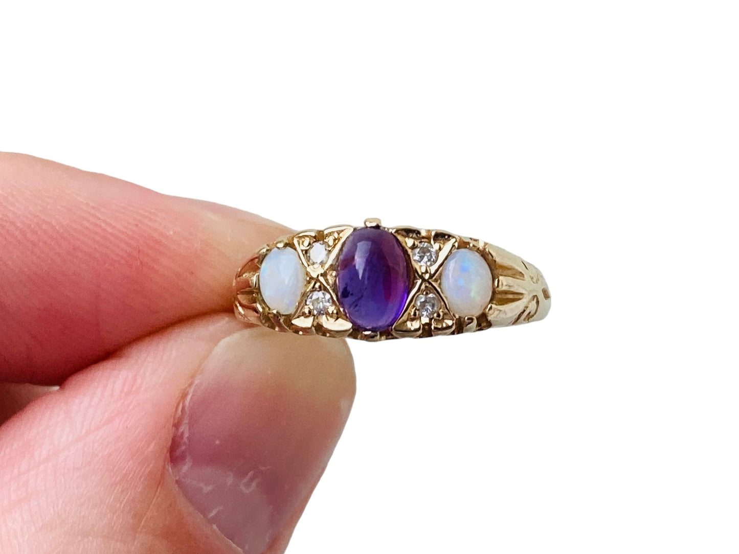 Vintage 9ct Gold Amethyst, Opal & Diamond Ring