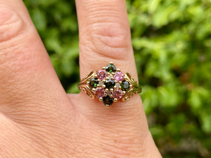 9ct Gold Pink & Green Tourmaline & Diamond Ring