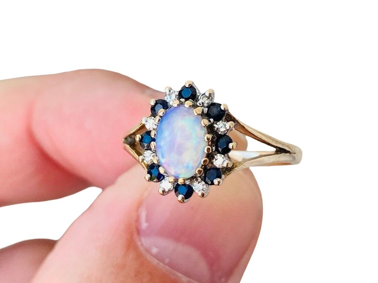 Vintage 9ct Gold Opal, Sapphire & Diamond Ring