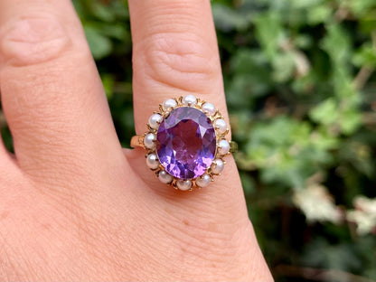 Vintage 9ct Gold Amethyst & Pearl Ring