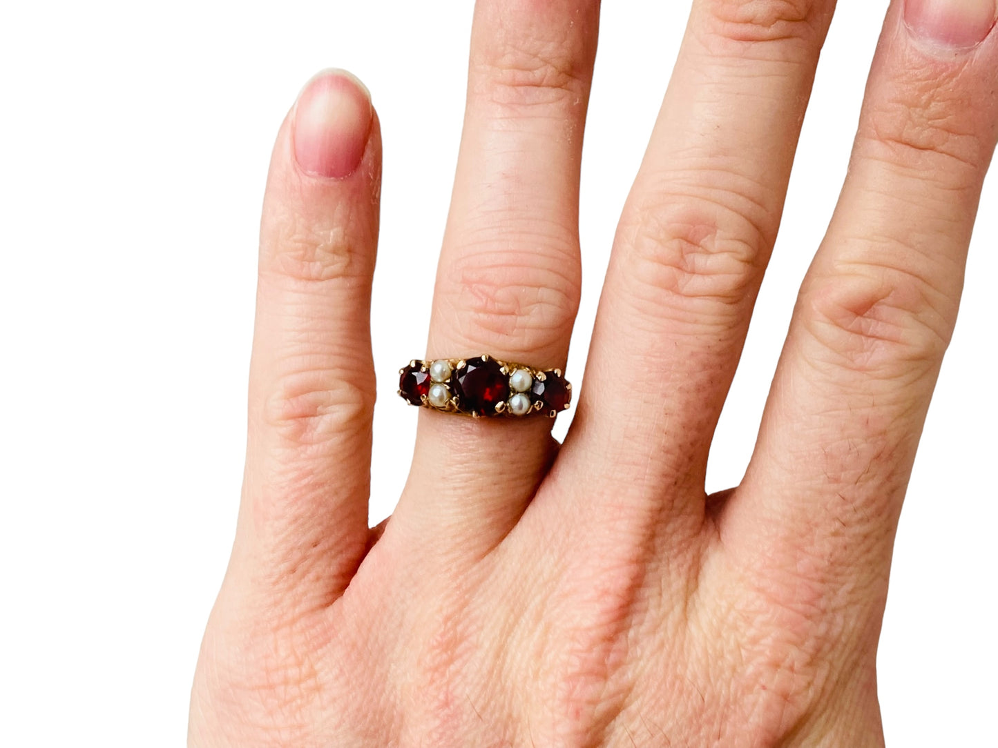 Vintage 9ct Gold Garnet & Pearl Ring