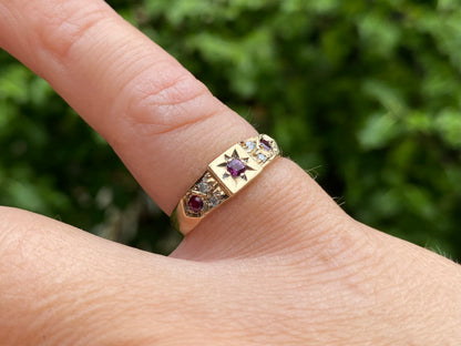 Vintage 9ct Gold Starburst Ruby & Diamond Ring