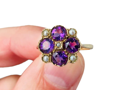 Vintage 9ct Gold Amethyst & Pearl Ring
