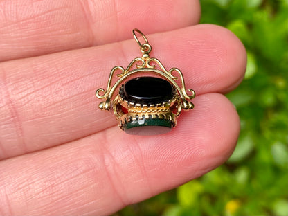 9ct Gold Swivel Bloodstone, Onyx & Carnelian Fob Pendant