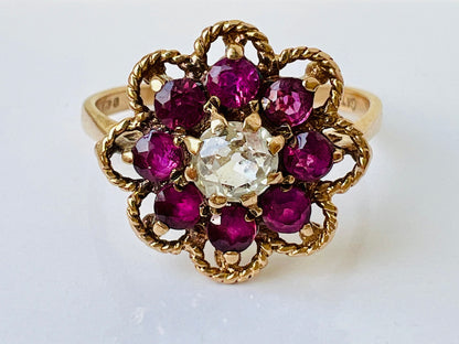 Vintage 9ct Gold Ruby & Old Cut Diamond Ring