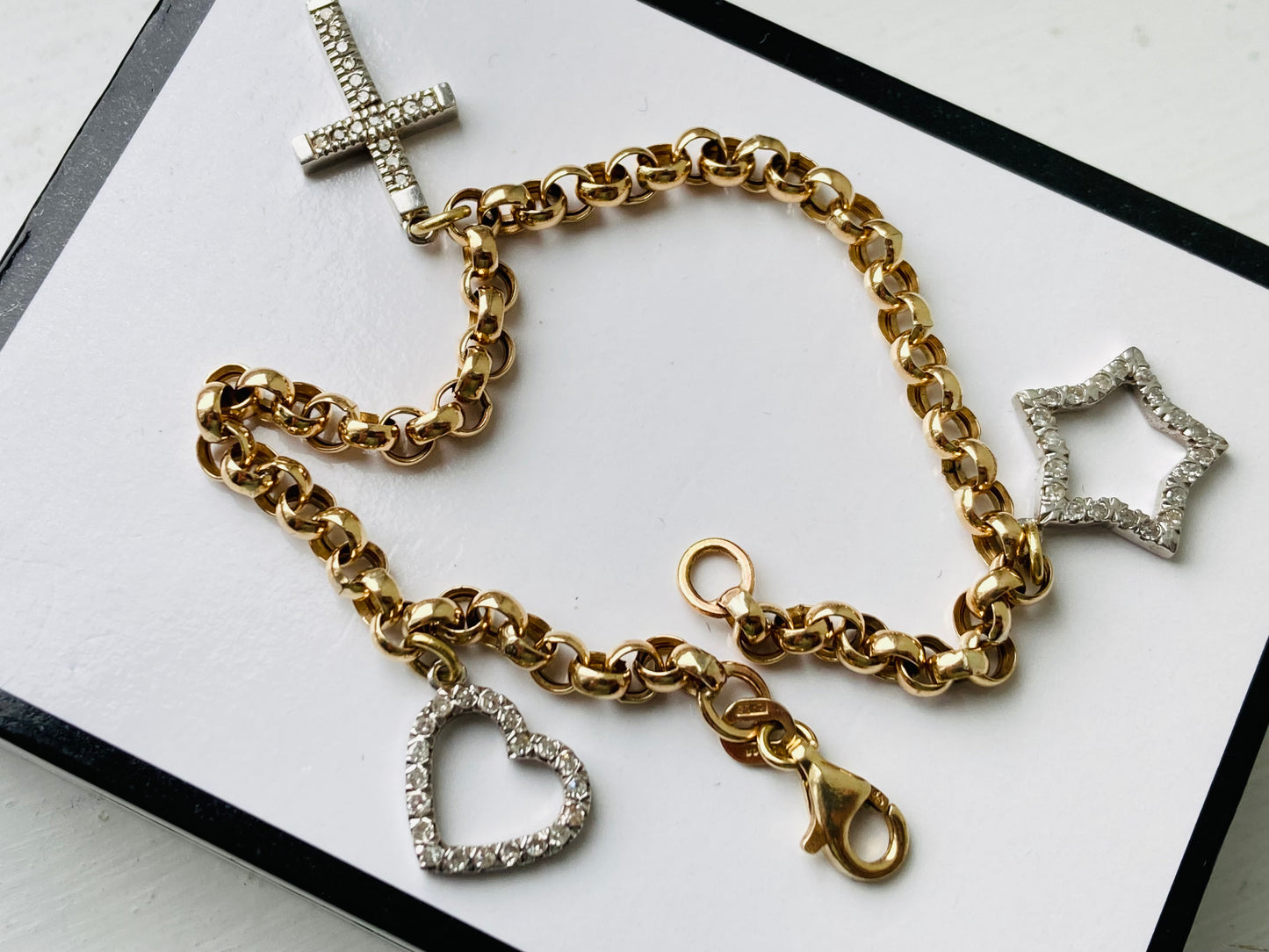 9ct Gold Belcher Link Diamond Charm Bracelet