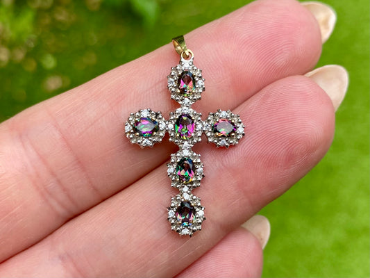 9ct Gold Mystic Topaz & Zircon Cross Pendant