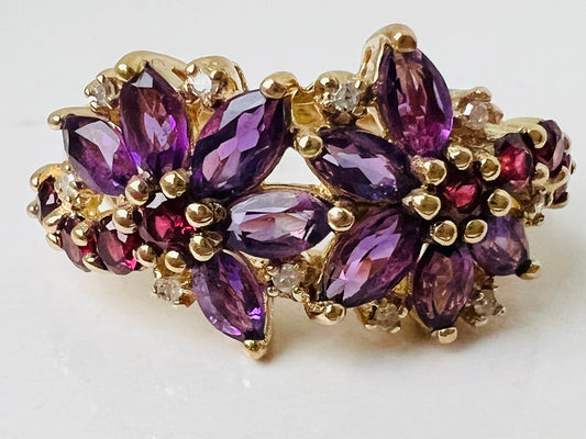 9ct Gold Amethyst, Garnet & Diamond Ring
