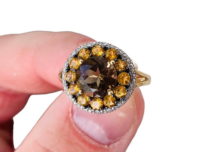 9ct Gold Smoky Quartz, Citrine & Diamond Ring
